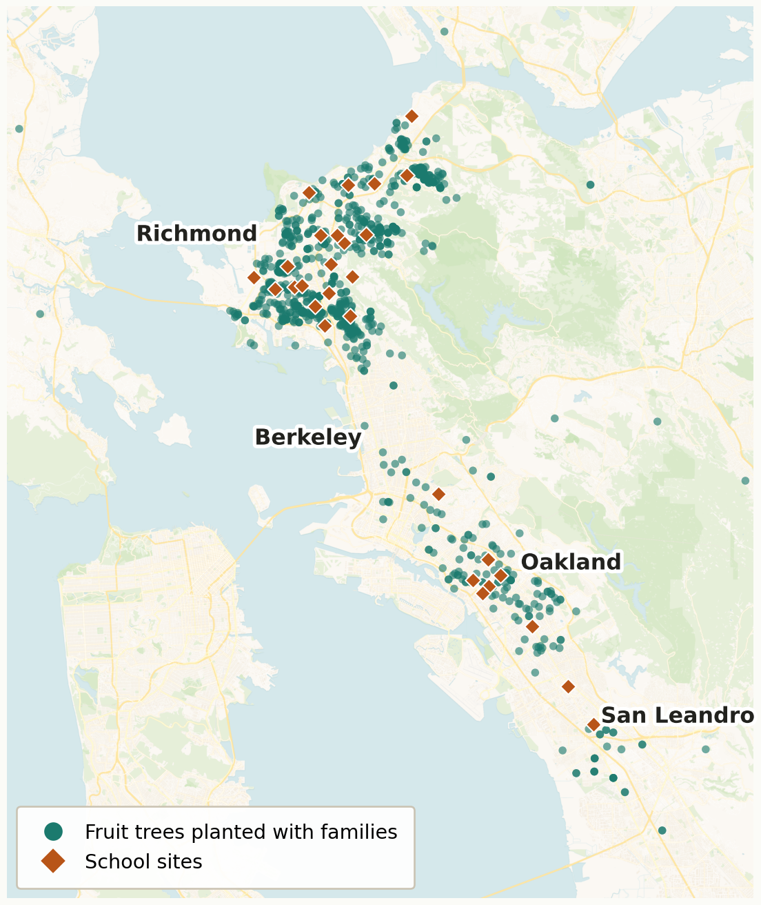 Map of the East Bay showing every fruit tree Growing Together has planted with families, clustered across Richmond, Oakland, and San Leandro